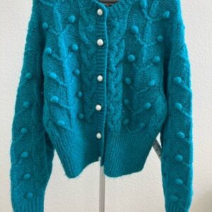 Zara Pom Pom Cable Knit Sweater with Pearl Button